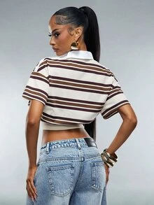 Denimoi Asymmetrical Collared Neckline Striped Polo Top Fashionable Streetwear Cropped Polo Top - Multicolor - View 6