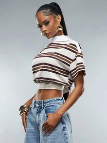 Denimoi Asymmetrical Collared Neckline Striped Polo Top Fashionable Streetwear Cropped Polo Top - Multicolor - View 5