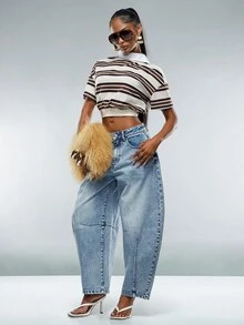 Denimoi Asymmetrical Collared Neckline Striped Polo Top Fashionable Streetwear Cropped Polo Top - Multicolor - View 3