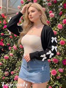 SHEIN MOD Plus Size Short Knit Cardigan, Black, Bow Decor On Sleeves Winter - Black - View 7