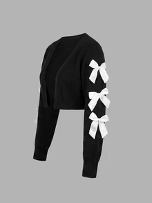 SHEIN MOD Plus Size Short Knit Cardigan, Black, Bow Decor On Sleeves Winter - Black - View 2