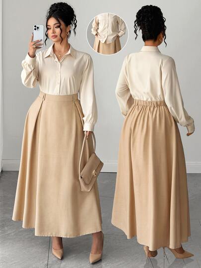 Elenzga Plus Size Women's Elegant Beige Blouse And Khaki Skirt 2 Pieces Set, Women's Autumn/Winter Long Sleeve Office Outfit, Teacher Business Casual Suit, Autumn Clothing, Afternoon Tea, Date, Commute, Suitable For Various Occasions