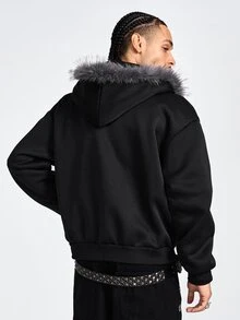 ROMWE MEN Paul Frank X ROMWE Men's Fashion Sequin Pocket Zipper Hooded Sweatshirt - Black - View 3