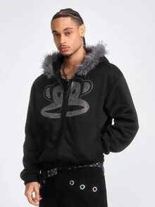ROMWE MEN Paul Frank X ROMWE Men's Fashion Sequin Pocket Zipper Hooded Sweatshirt - Black - View 5