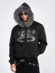 ROMWE MEN Paul Frank X ROMWE Men's Fashion Sequin Pocket Zipper Hooded Sweatshirt - Black - View 6