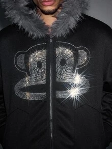 ROMWE MEN Paul Frank X ROMWE Men's Fashion Sequin Pocket Zipper Hooded Sweatshirt - Black - View 2