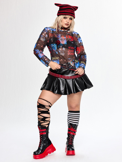 A Nightmare on Elm Street X ROMWE IP Co-Branded bedrucktes Mesh-Top, transparent, schmal geschnitten, Große Größen für Damen