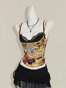 SHEIN ICON 女款黃色透視細肩帶上衣配蕾絲內衣兩件套，夜店外訪夏季性感Y2K風格 - 彩色 - 查看 5