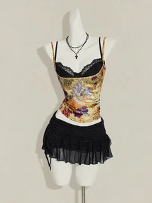 SHEIN ICON 女款黃色透視細肩帶上衣配蕾絲內衣兩件套，夜店外訪夏季性感Y2K風格 - 彩色 - 查看 3
