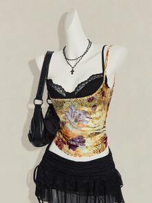 SHEIN ICON 女款黃色透視細肩帶上衣配蕾絲內衣兩件套，夜店外訪夏季性感Y2K風格 - 彩色 - 查看 4