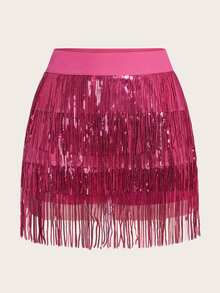 SHEIN ICON Summer Spring Outfits Music Festival & Party Outfits Ladies" Two-Tone Fringed Sequined Multi-Piece Skirt - Hot Pink - View 3