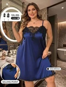 SHEIN CURVE+ فستان نسائي مثير من الدانتيل مع رقعات مقاس كبير - الأزرق - مشاهدة 7