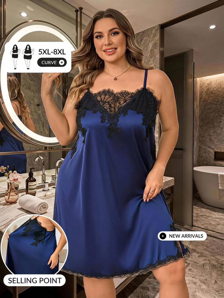 SHEIN CURVE+ Plus Size Women's Sexy Lace Patchwork Dress - Blue - View 7