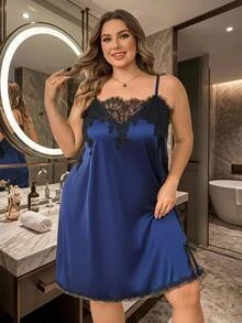 SHEIN CURVE+ فستان نسائي مثير من الدانتيل مع رقعات مقاس كبير - الأزرق - مشاهدة 8