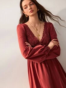 Willow Rêve 女款玫瑰 A 字洋裝，花卉蕾絲拼接，V 領前綁帶與泡泡袖設計，西式浪漫波希米亞田園風，適合秋季婚禮穿著 - 摩卡棕 - 查看 6