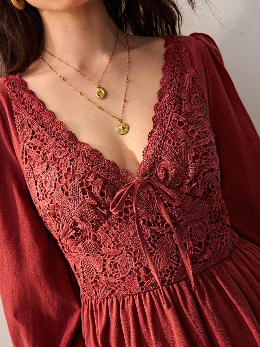 Willow Rêve 女款玫瑰 A 字洋裝,花卉蕾絲拼接,V 領前綁帶與泡泡袖設計,西式浪漫波希米亞田園風,適合秋季婚禮穿著 - 摩卡棕 - 查看 1