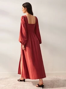 Willow Rêve 女款玫瑰 A 字洋裝，花卉蕾絲拼接，V 領前綁帶與泡泡袖設計，西式浪漫波希米亞田園風，適合秋季婚禮穿著 - 摩卡棕 - 查看 2