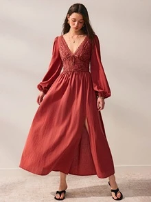 Willow Rêve 女款玫瑰 A 字洋裝，花卉蕾絲拼接，V 領前綁帶與泡泡袖設計，西式浪漫波希米亞田園風，適合秋季婚禮穿著 - 摩卡棕 - 查看 4