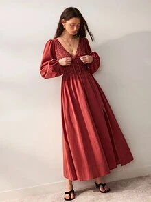 Willow Rêve 女款玫瑰 A 字洋裝，花卉蕾絲拼接，V 領前綁帶與泡泡袖設計，西式浪漫波希米亞田園風，適合秋季婚禮穿著 - 摩卡棕 - 查看 5