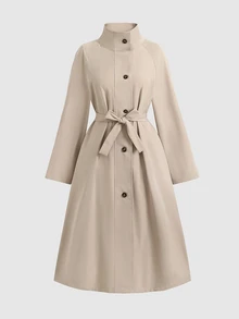 SHEIN Teen Girls Trench Autumn Coats Back To School Khaki Single-Breasted Stand Collar Mid-Length Windbreaker - Khaki - View 3