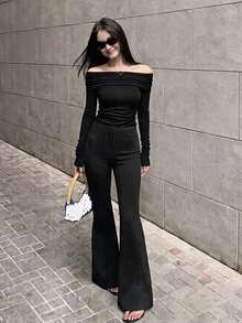 SHEIN 青少年女孩露肩長袖喇叭褲套裝 休閒 Y2K 街頭風 優雅日常 六年級正式黑色秋季 - 黑色 - 查看 8