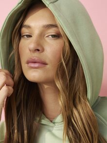 Aralina Women Sage Green Sweatshirt Contrast Raglan Sleeves Ribbed Hem Cuffs Kangaroo Pocket Fleece Pullover Cropped Athleisure Off-White Fall Workout - Green - View 7