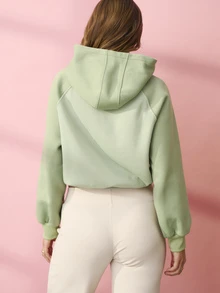 Aralina Women Sage Green Sweatshirt Contrast Raglan Sleeves Ribbed Hem Cuffs Kangaroo Pocket Fleece Pullover Cropped Athleisure Off-White Fall Workout - Green - View 2