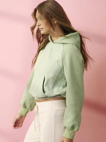 Aralina Women Sage Green Sweatshirt Contrast Raglan Sleeves Ribbed Hem Cuffs Kangaroo Pocket Fleece Pullover Cropped Athleisure Off-White Fall Workout - Green - View 8