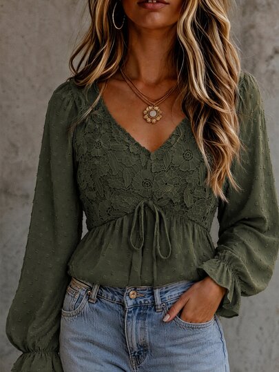 LanaWest Women's Spring/Autumn Bohemian Army Green V-Neck Chest Patchwork Crochet Hollow Water-Soluble Lace Ruffle Tie Western Casual Country Style Blouse