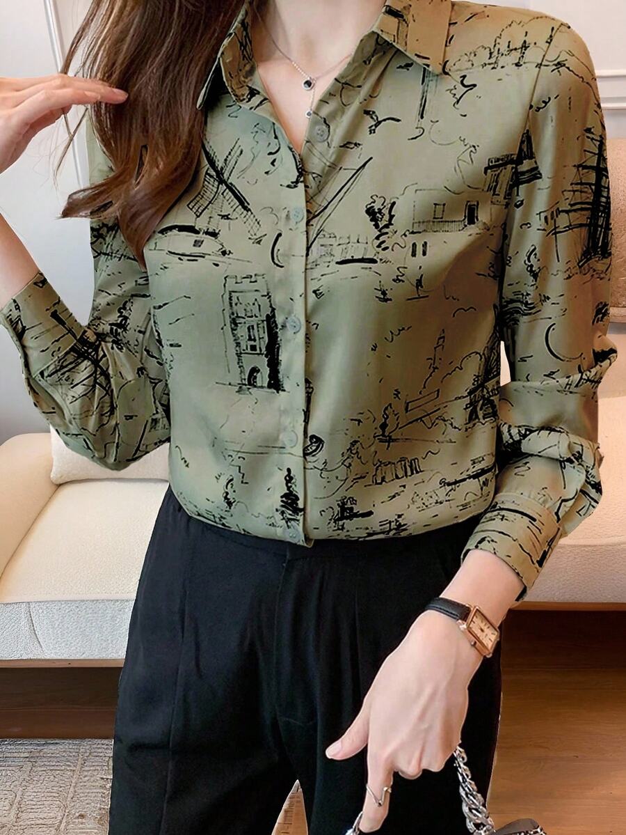 EMERY ROSE 女式撞色前扣宽松休闲长袖衬衫 - 彩色 - 查看 1