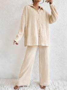 EMERY ROSE Women's Spring/Autumn Casual Vacation Commute Lounge Solid Color Textured Fabric Drop Shoulder Loose Long Sleeve Shirt And Pants 2-Piece Set Orange - Apricot - View 5