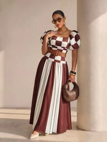 Xyvia Checker Print Puff Sleeve Top & Contrast Striped Wide Leg Pants Set - Multicolor - View 5
