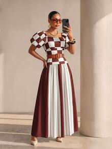 Xyvia Checker Print Puff Sleeve Top & Contrast Striped Wide Leg Pants Set - Multicolor - View 6