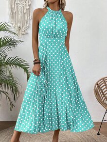 EMERY ROSE Women's Polka Dot Halter Sleeveless Dress Maxi Vacation Beach Outfit - Blue - View 5