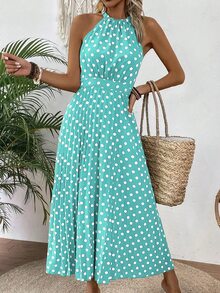 EMERY ROSE Women's Polka Dot Halter Sleeveless Dress Maxi Vacation Beach Outfit - Blue - View 7