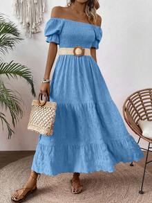 EMERY ROSE Women'S Shirred Panel & Ruffle Hem Decor Dress Maxi Women Outfit - Mint Blue - View 5