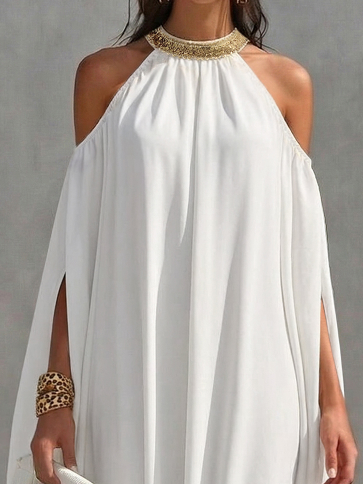 EMERY ROSE Draped Cold Shoulder Gold Sequin Embroidery Decor V-Neck Slit Long Sleeve Dress For Women - White - View 4