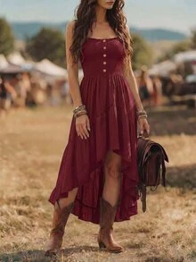 EMERY ROSE Nomadic Bohemian Casual Vacation High-Low Hem Rope Waist Mid-Length Dress For Women - Burgundy - View 6