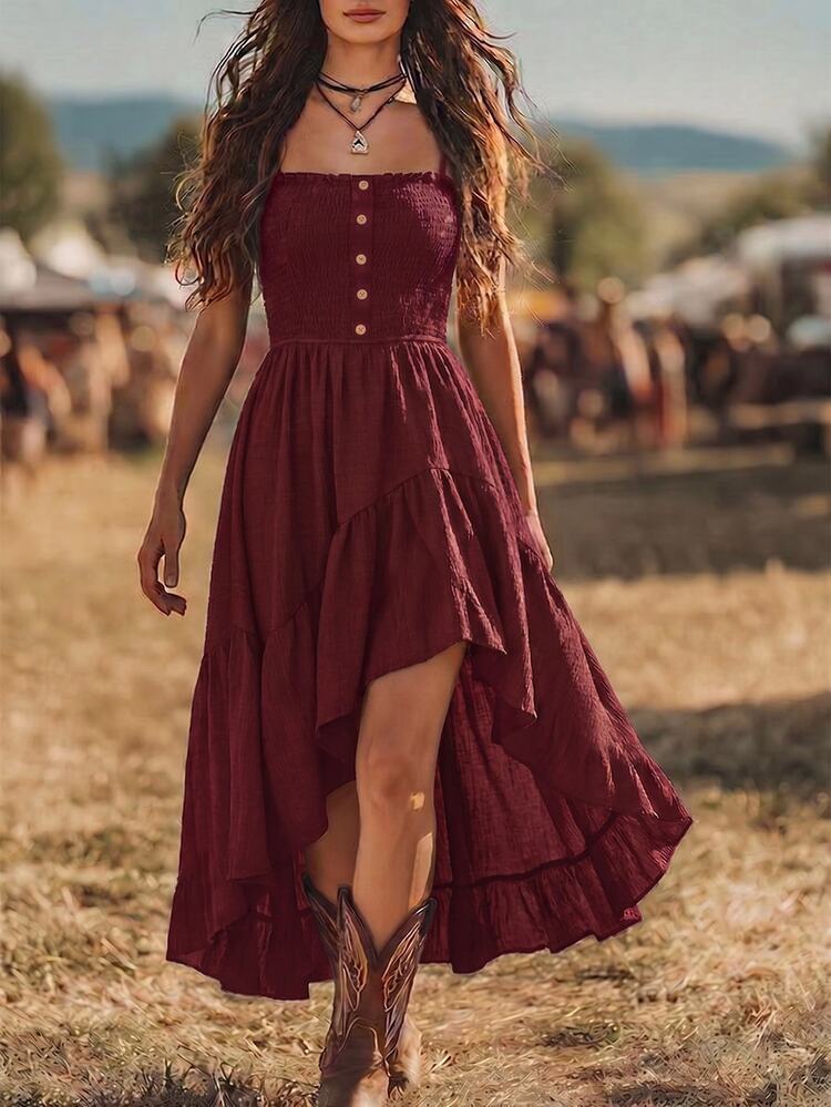 EMERY ROSE Nomadic Bohemian Casual Vacation High-Low Hem Rope Waist Mid-Length Dress For Women - Burgundy - View 1