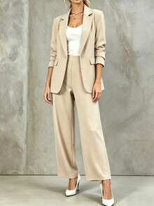 EMERY ROSE Women's Solid Color Lapel NeckLong Sleeve Blazer And Pants Casual Office Commute Suit - Khaki - View 1