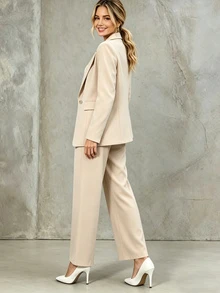 EMERY ROSE Women's Solid Color Lapel NeckLong Sleeve Blazer And Pants Casual Office Commute Suit - Khaki - View 2