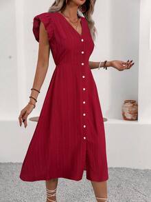EMERY ROSE Women's Textured Jacquard Cap Sleeve Single-Breasted Casual Dress - Burgundy - View 7