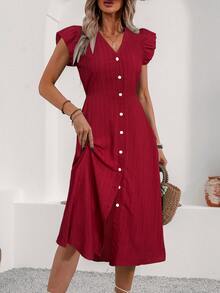 EMERY ROSE Women's Textured Jacquard Cap Sleeve Single-Breasted Casual Dress - Burgundy - View 8