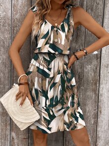 EMERY ROSE Women Multicolor Casual Sleeveless Short A Line Dress With Random Print And Shirred Knitted Fabric - Multicolor - View 4