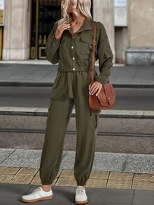 EMERY ROSE 2pcs Women's Casual Solid Color Set Fall Cloth For Women - Army Green - View 7