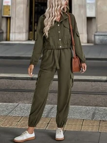 EMERY ROSE 2pcs Women's Casual Solid Color Set Fall Cloth For Women - Army Green - View 4