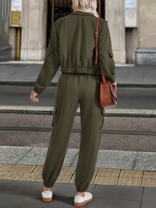 EMERY ROSE 2pcs Women's Casual Solid Color Set Fall Cloth For Women - Army Green - View 2