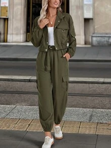 EMERY ROSE 2pcs Women's Casual Solid Color Set Fall Cloth For Women - Army Green - View 5