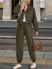 EMERY ROSE 2pcs Women's Casual Solid Color Set Fall Cloth For Women - Army Green - View 6