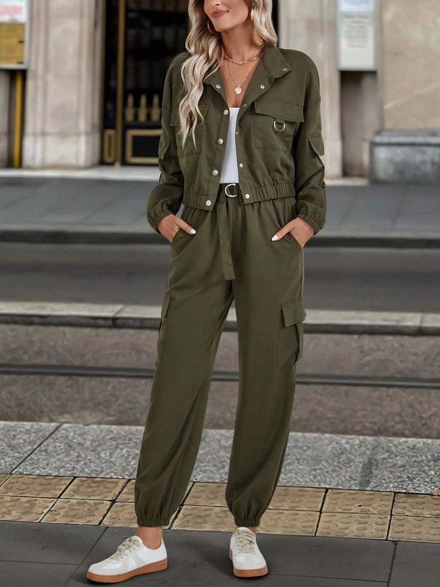 EMERY ROSE 2pcs Women's Casual Solid Color Set Fall Cloth For Women - Army Green - View 1